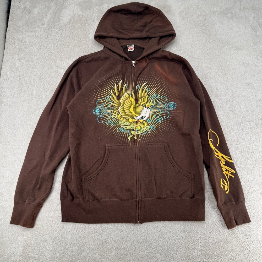 Vintage Split Mens Full Zip Hoodie Medium Brown Graphic Preowned Stains Faded